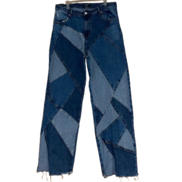 American Bazi Los Angeles Women Blue Patchwork Straight Leg Raw Hem Jeans Sz-2X - Picture 1 of 7